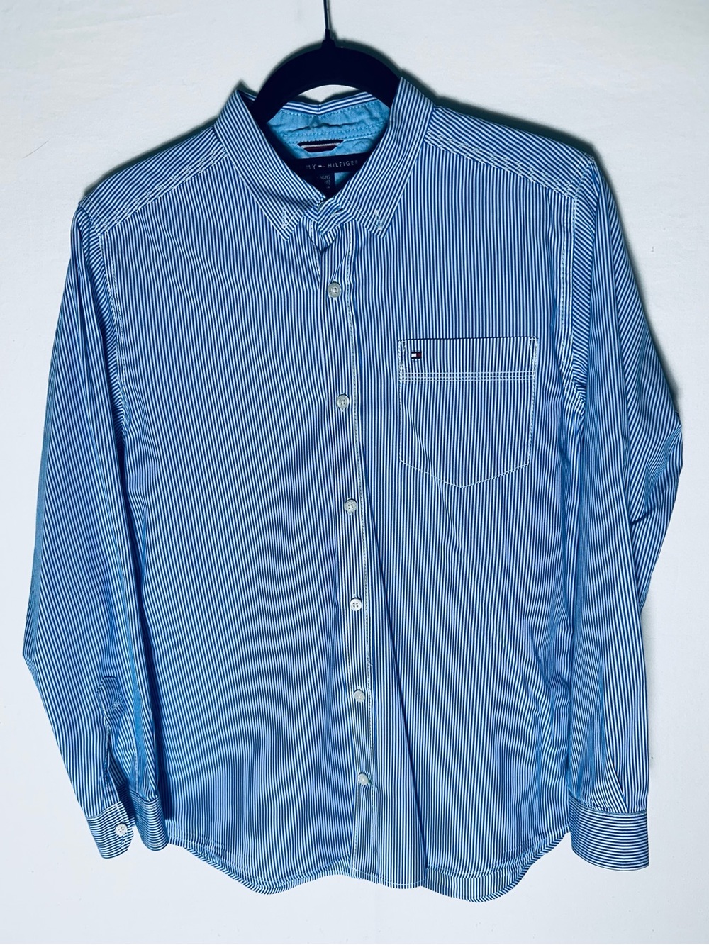 Tommy Hilfiger Boys Striped Button Down Shirt Large 16-18 Blue White Cotton